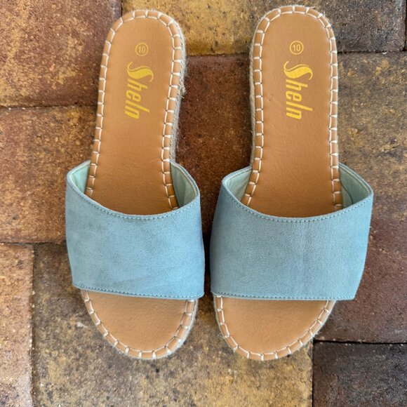 Shein Blue Faux‎ Suede Slides Rattan Like Sides Size 10 - Picture 7 of 8